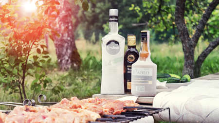 Belarus. Minsk region. July - 2017.2017: Alcohol and meat. Picnic in the village. Belarusian alcohol - vodka "Bulbash", Balm "Black witch doctor", black rum "Diablo"のeditorial素材