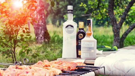 Belarus. Minsk region. July - 2017.2017: Alcohol and meat. Picnic in the village. Belarusian alcohol - vodka "Bulbash", Balm "Black witch doctor", black rum "Diablo"のeditorial素材