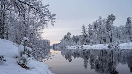Snow-covered winter riverの写真素材