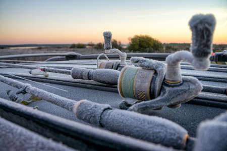 Fishing tackle covered with hoarfrost. Fishing.の写真素材
