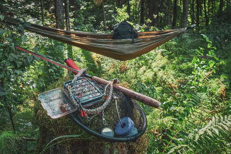 Relax in a hammock after fishing.の写真素材