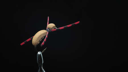 Handmade fishing fly close-up on a dark background.の写真素材