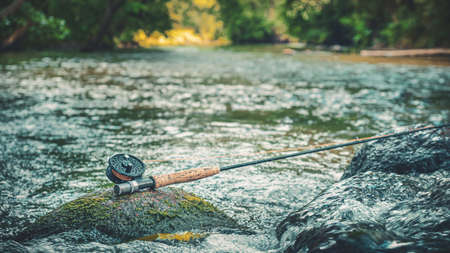 Fishing tackle on the river bank.の写真素材