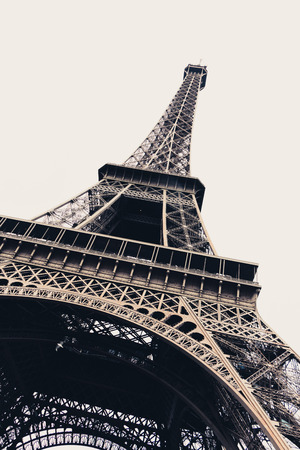 Detailed diagonal close-up of the Eiffel tower in Paris, Franceの写真素材