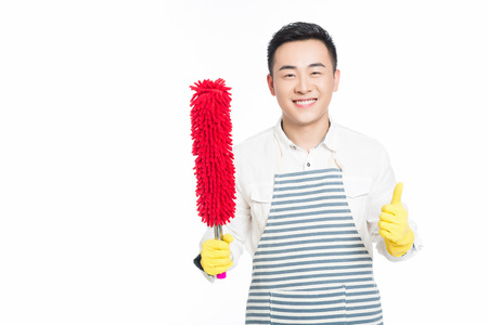 picture of male with cleaning sweep, white backgroundの写真素材