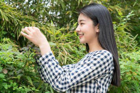 asina woman enjoying the lake view, in springの写真素材