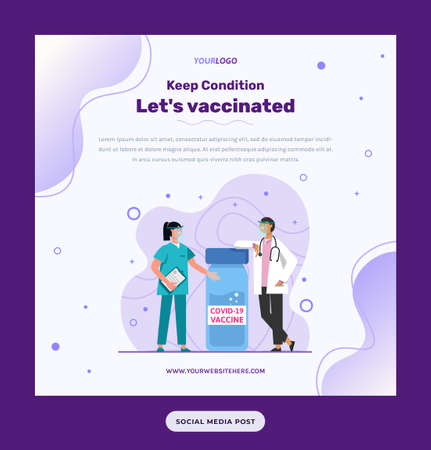 Post Template illustration Nurses and doctors, with vaccine bottles Can be used for social media infographic posters, news etcのイラスト素材