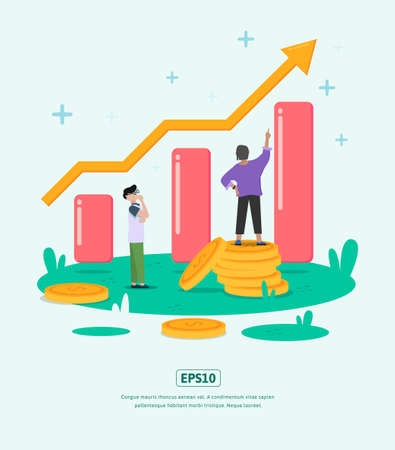 Flat Illustration, Grow Business with statistics illustration, character, coin dollar, for business infographic illustration template etcのイラスト素材