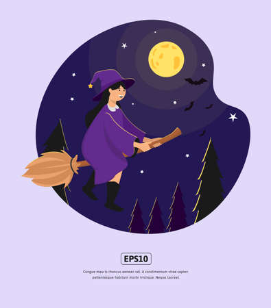 Flat illustration, Halloween with Witch flying broom for design web, app, infographic, print, etcのイラスト素材