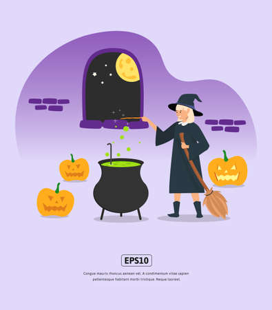 Flat illustration, Halloween with Witch cultivate potions for design web, app, infographic, print, etcのイラスト素材