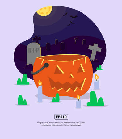 Flat illustration, Halloween with pumpkin and tombstone for design web, app, infographic, print, etcのイラスト素材
