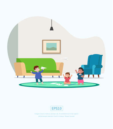 flat illustration children playing at home, can be used for web, app, infographic, etcのイラスト素材