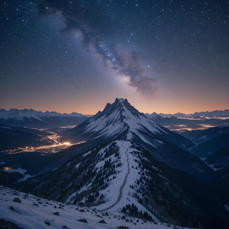 Mountain peak at night with starry sky and milky wayの素材