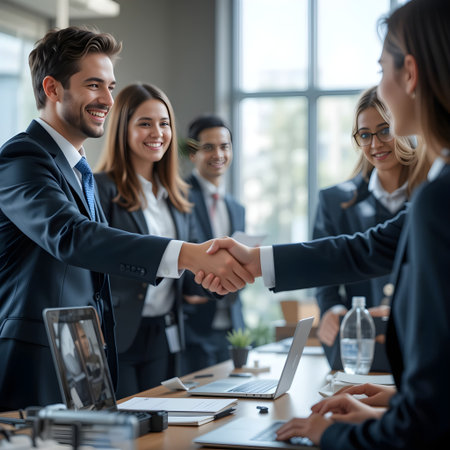 Business people shaking hands in office, finishing up a meeting. Successful businesspeople greeting each other with handshake.の素材
