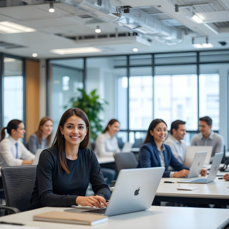 Portrait of smiling young businesswoman working with laptop in modern officeの素材