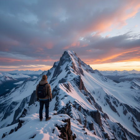 Hiker on the top of the mountain at sunset. Beautiful winter landscape in the Alpsの素材