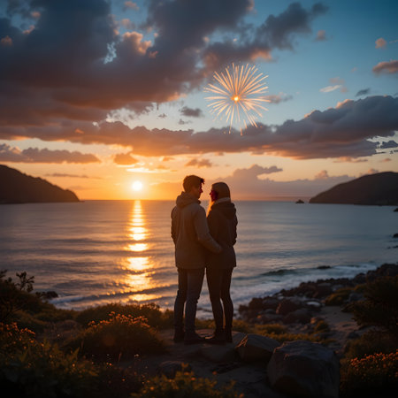 Romantic couple standing on the beach and looking at the sunset.の素材