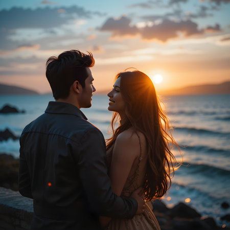 Romantic young couple hugging and kissing on the beach at sunset.の素材