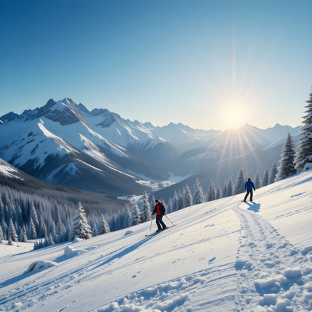 Two skiers in the mountains. Winter landscape. Ski resort.の素材