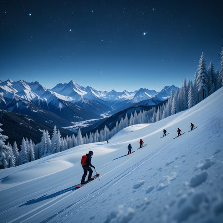 Snowboarders in the mountains at night, 3D illustration.の素材