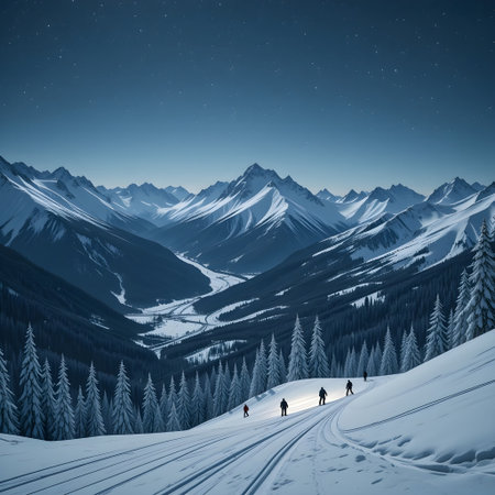 Winter mountain landscape with snowshoes and skiers at night.の素材