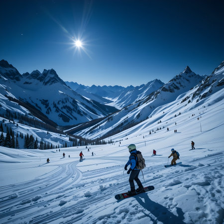 Snowboarders in the mountains at sunset. Caucasus Mountains, Georgia.の素材