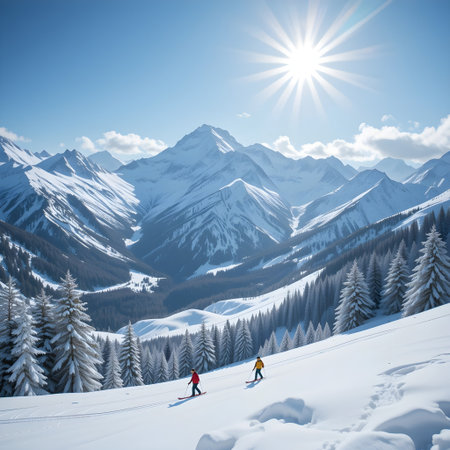 Winter alpine landscape with skiers in high mountains (Switzerland)の素材