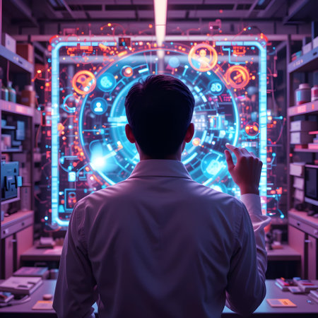 Rear view of young scientist working with futuristic interface in laboratory.の素材