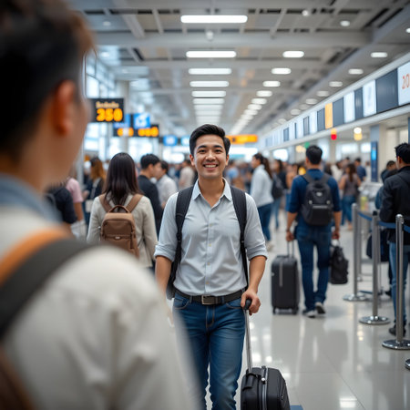 Asian man with backpack walking in the airport. Travel and tourism concept.の素材