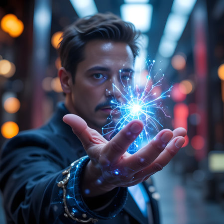 Young man holding a glowing sparkler in his hand. The concept of electricity and energy.の素材