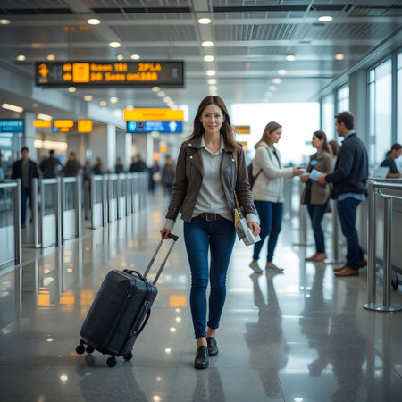 Beautiful young woman at the airport, carrying a suitcase, looking at the cameraの素材