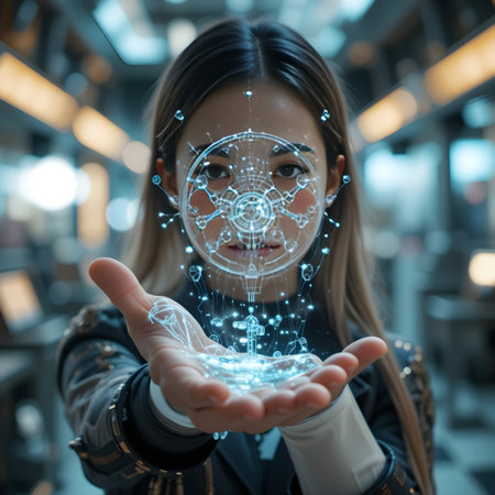 Businesswoman using digital hologram of global network connection. 3D renderingの素材