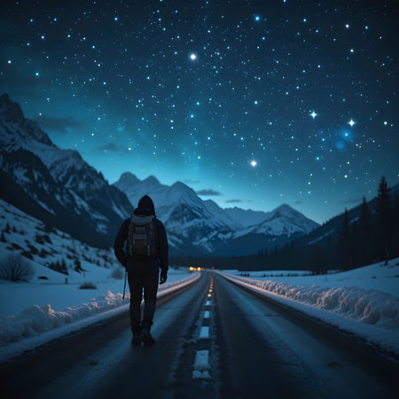 Man with backpack on the road at night with starry sky backgroundの素材