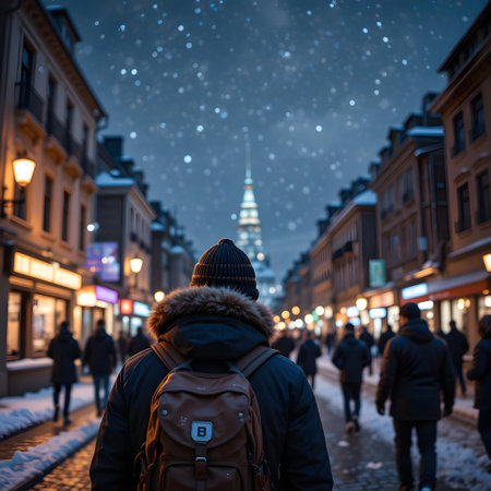 View of the Gamla Stan street in Stockholm at night.の素材