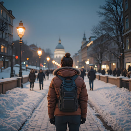 A young woman with a backpack walks along the street in the center of St. Petersburg.の素材