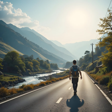 Rear view of a young man running on the road in the mountains.の素材