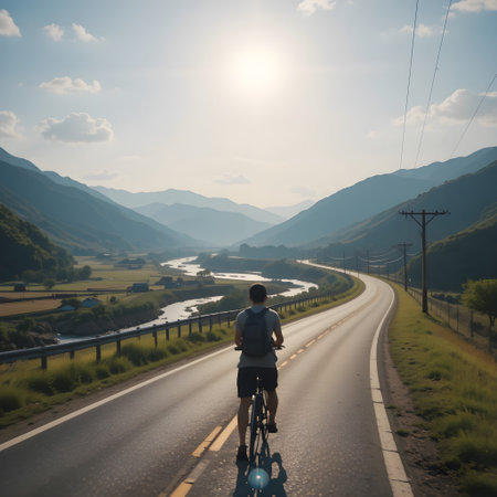 Cyclist riding bicycle on the road in the mountains at sunsetの素材