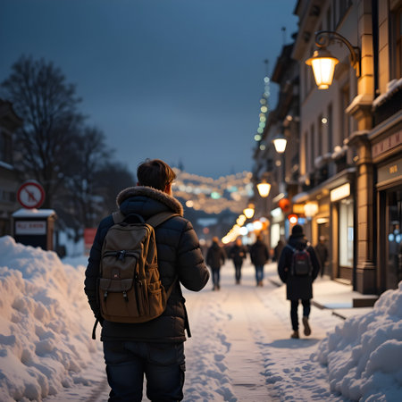 A young man with a backpack is walking along a snowy street in the evening.の素材