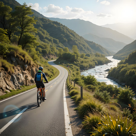 Cyclist riding on the road along the river in the mountainsの素材