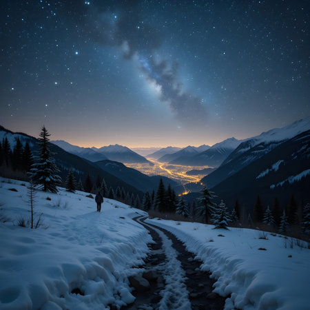 Mountain trail at night with starry sky and milky wayの素材