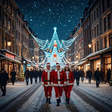 Christmas and New Year in Gdansk, Poland. Happy family of three people in red santa claus clothes walking on the street at night.の素材