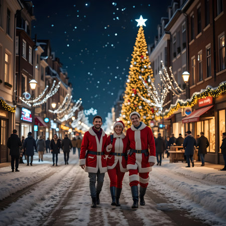 Group of friends wearing santa claus clothes walking on the street at Christmas timeの素材