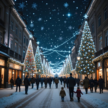 Christmas market in Vilnius, Lithuania. People walking on the street.の素材