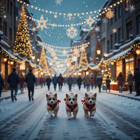 Dog japanese akita inu on the background of Christmas decorations.の素材