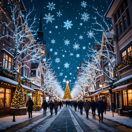 Christmas market in Gdansk, Poland. People walking on the street.の素材