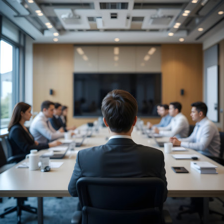 Back view of young businessman sitting at table in conference room during meetingの素材