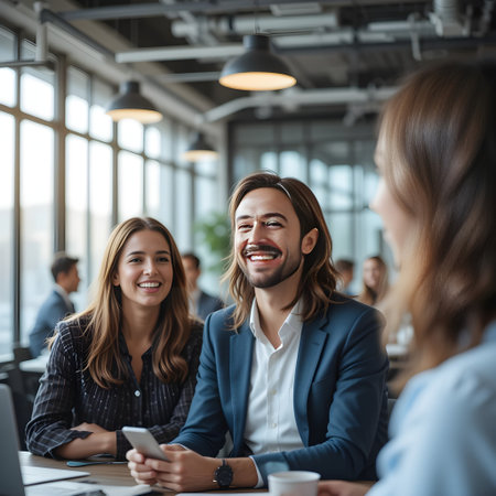 Portrait of smiling business people using mobile phone during meeting in officeの素材