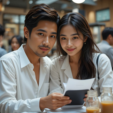 portrait of young asian couple sitting in cafe and reading menuの素材