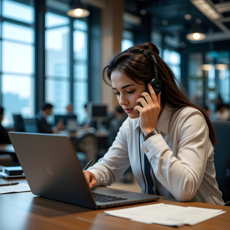 Portrait of young businesswoman working with laptop and talking on phone in officeの素材