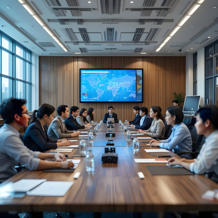 Group of business people in meeting room with monitor on the screen.の素材